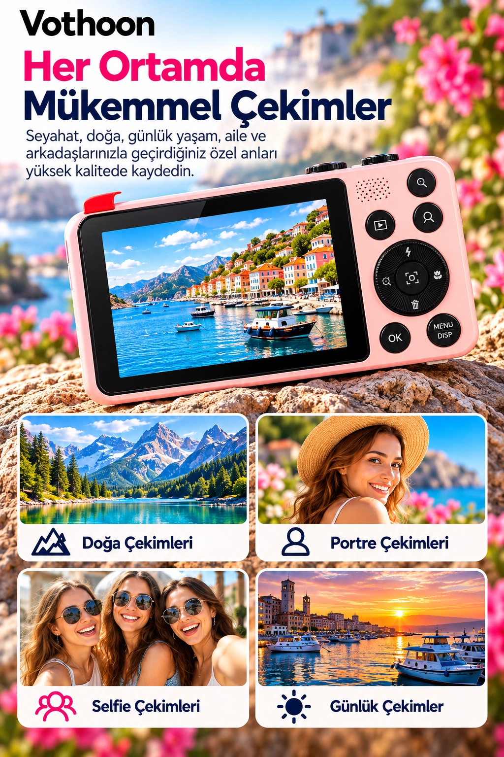 4K Dijital Fotoğraf Makinesi 18X Dijital Zoom 64 MP Ön ve Arka Ekranlı Kompakt Kamera Pembe 