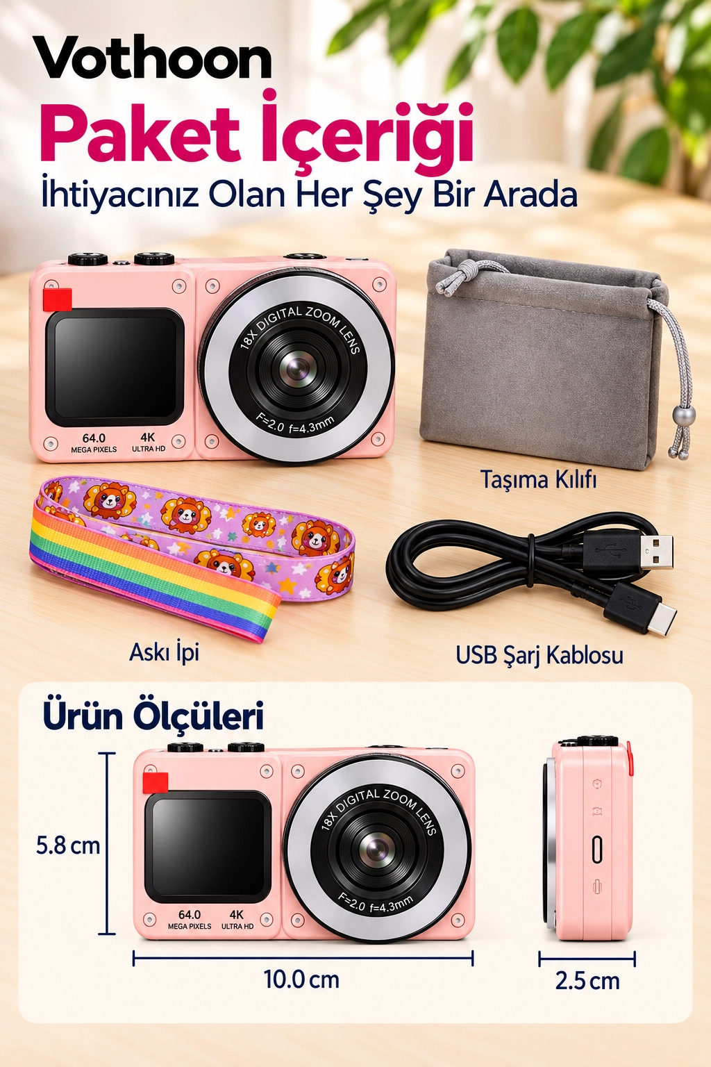 4K Dijital Fotoğraf Makinesi 18X Dijital Zoom 64 MP Ön ve Arka Ekranlı Kompakt Kamera Pembe 