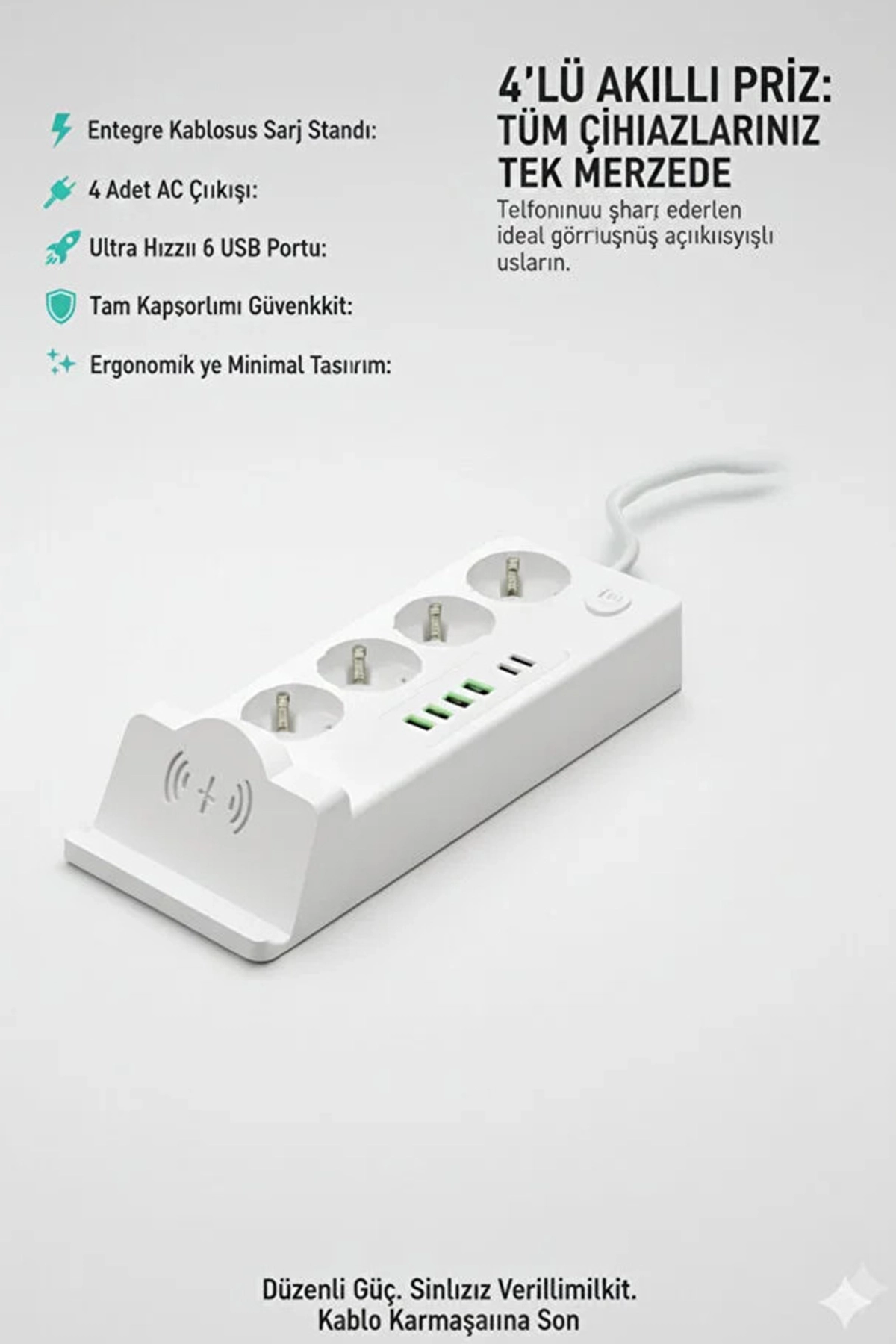 Akım Korumalı Kablosuz Şarjlı Masaüstü Priz | 4 Priz, 4 USB, 2 Type-C