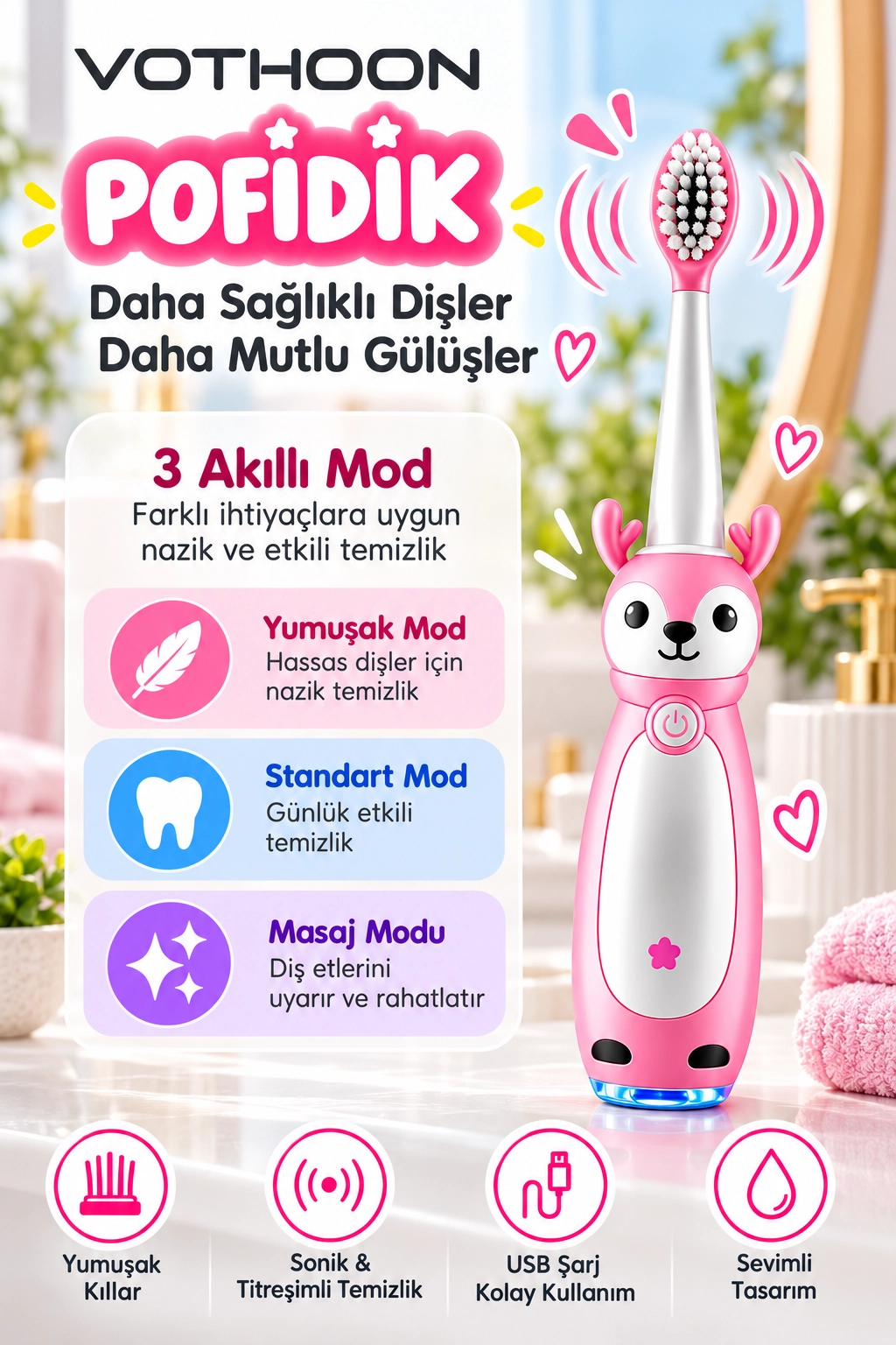 Pofidik Çocuklar İçin Şarjlı Elektrikli Diş Fırçası 3 Modlu Titreşimli Şarjlı Yedek Başlık Hediyeli Pembe