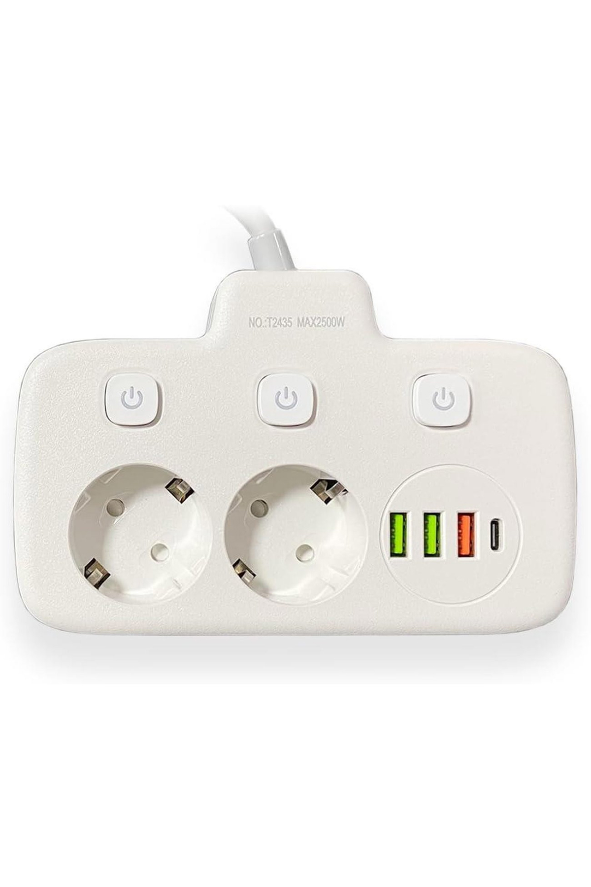 Akım Korumalı 2’li Ayrı Anahtarlı Priz, 2x Priz, 3x USB, 1x Type-C, 2 mt Kablo, Hızlı Şarj
