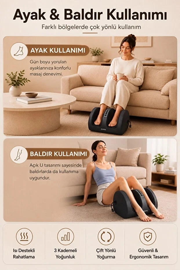 Şarjlı Isıtmalı Ayak ve Bacak Masaj Aleti Sıcak Kompresli 3 Kademeli Çift Yönlü Yoğurma Type-C
