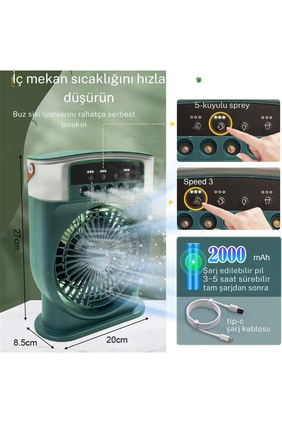 Şarjlı 600 ml Su Hazneli Taşınabilir Masaüstü Vanilatör  Güçlü Fan ve 2000 mAh Pil Yeşil