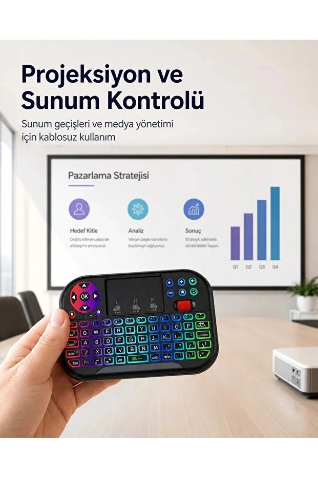 RGB Işıklı Mini Kablosuz Klavye Touchpad Combo, Bluetooth ve 2.4G Smart TV Kumandası