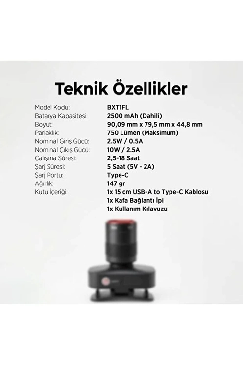 BXT1FL 10W Şarj Edilebilir Kafa Feneri 750 Lümen 2500mAh 4 Işık Modlu Zoom Özellikli LED Kafa