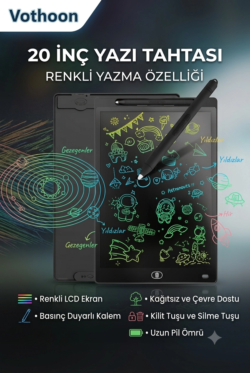 20 Inc Renkli Lcd Grafik Dijital Kalemli Çizim Tableti Yazı Tahta Not Yazma Eğitim Tableti Siyah