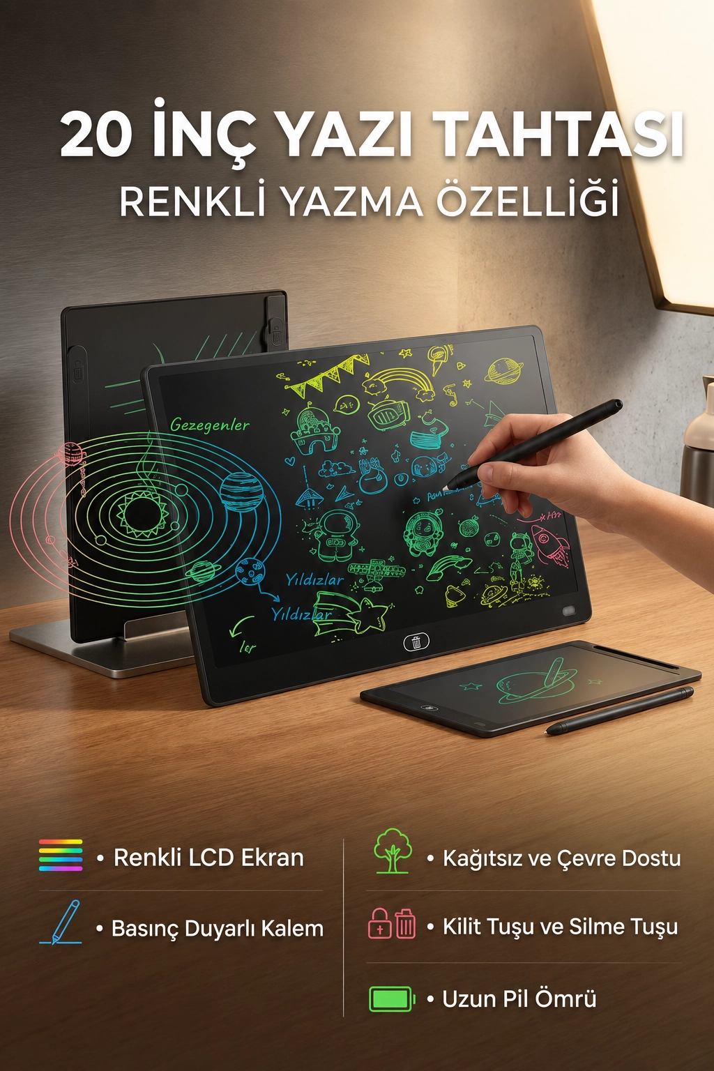 20 Inc Renkli Lcd Grafik Dijital Kalemli Çizim Tableti Yazı Tahta Not Yazma Eğitim Tableti Siyah