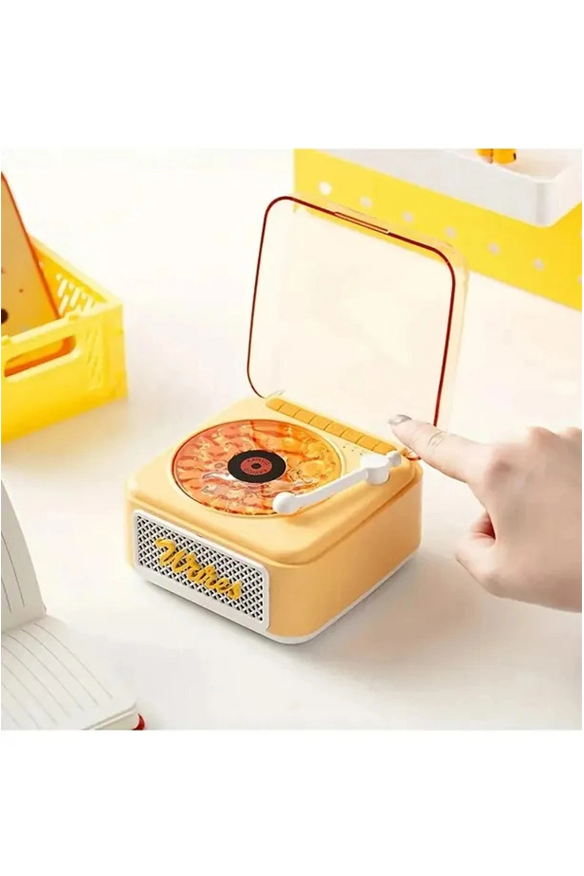 Nostalji Mini Plak Görünümlü Radyolu Bluetooth Hoparlör 3D Ses Dalgası Retro Müzik Plak Sarı