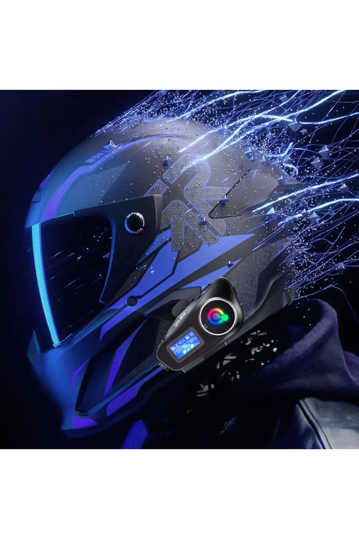Q58-MAX Radyolu 2 Kişi Bağlantılı Bluetooth Kask Kulaklık Ekranlı Fenerli Müzik ve Telsiz Intercom