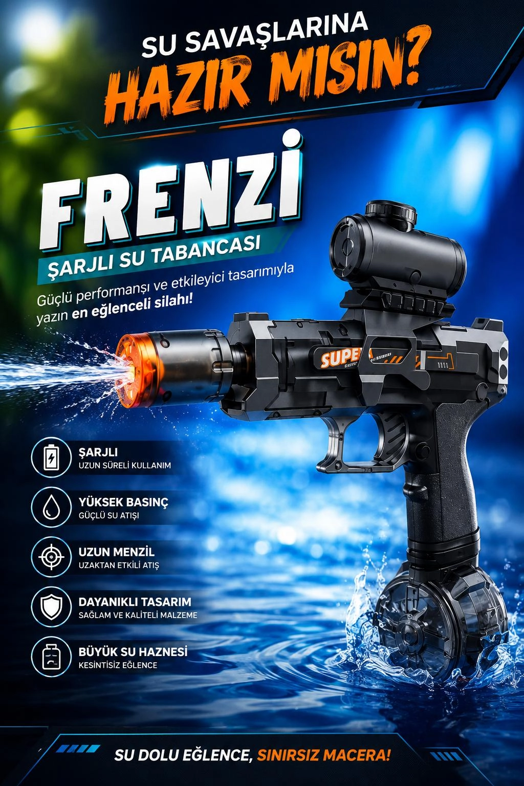 Sarjlı Otomatik Su Tabancası Led Işıklı Geniş Su Hazneli Gerçekçi Geri Tepme Efektli Uzak Menzilli