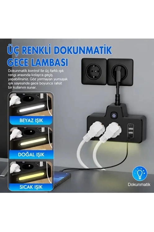 Bkl-502 Akım Korumalı 2Li Priz 2 USB ve 2 Type-C Çıkış 4000W Hızlı Şarj Duvar Tipi Dokunmatik Led Aydınlatmalı