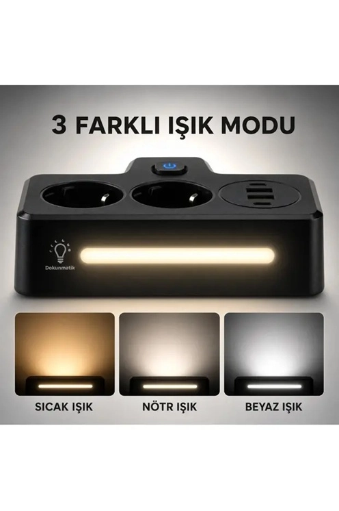 Bkl-502 Akım Korumalı 2Li Priz 2 USB ve 2 Type-C Çıkış 4000W Hızlı Şarj Duvar Tipi Dokunmatik Led Aydınlatmalı