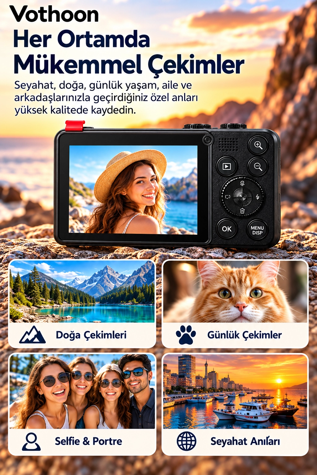 4K Dijital Fotoğraf Makinesi 18X Dijital Zoom 64 MP Ön ve Arka Ekranlı Kompakt Kamera Siyah