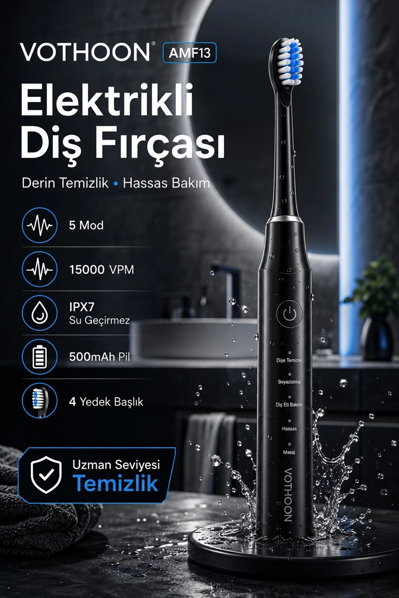 Şarjlı Diş Fırçası 15000 VPM Titreşim Gücü, 500mAh Batarya, 5 Temizlik Modu siyah 