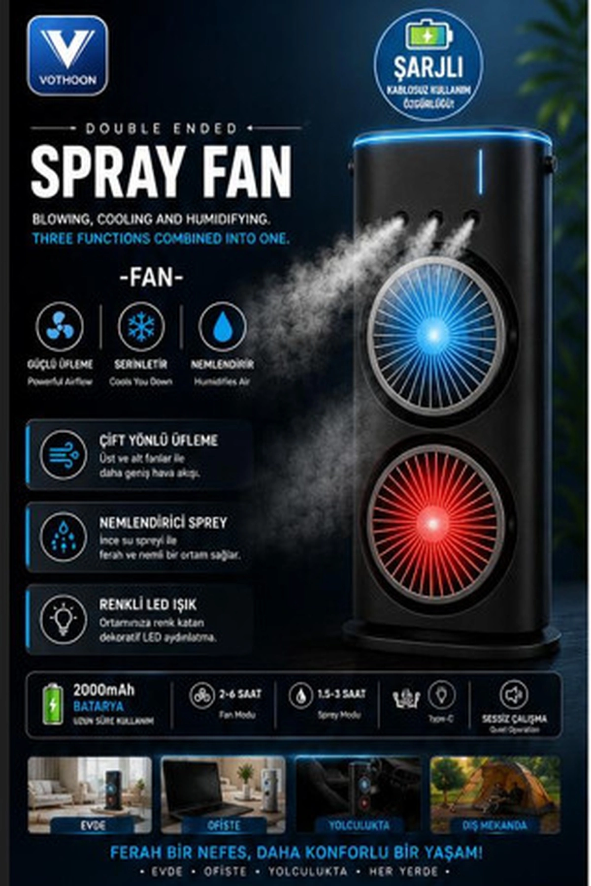 Vothoon Çift Başlıklı Sprey Fan Nemlendirici ve Renkli LED Işıklı siyah 