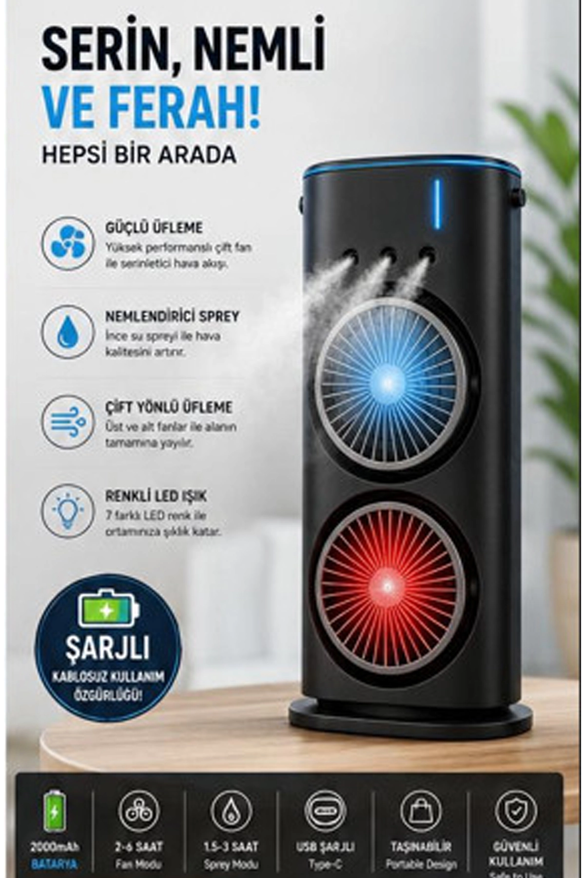 Vothoon Çift Başlıklı Sprey Fan Nemlendirici ve Renkli LED Işıklı siyah 