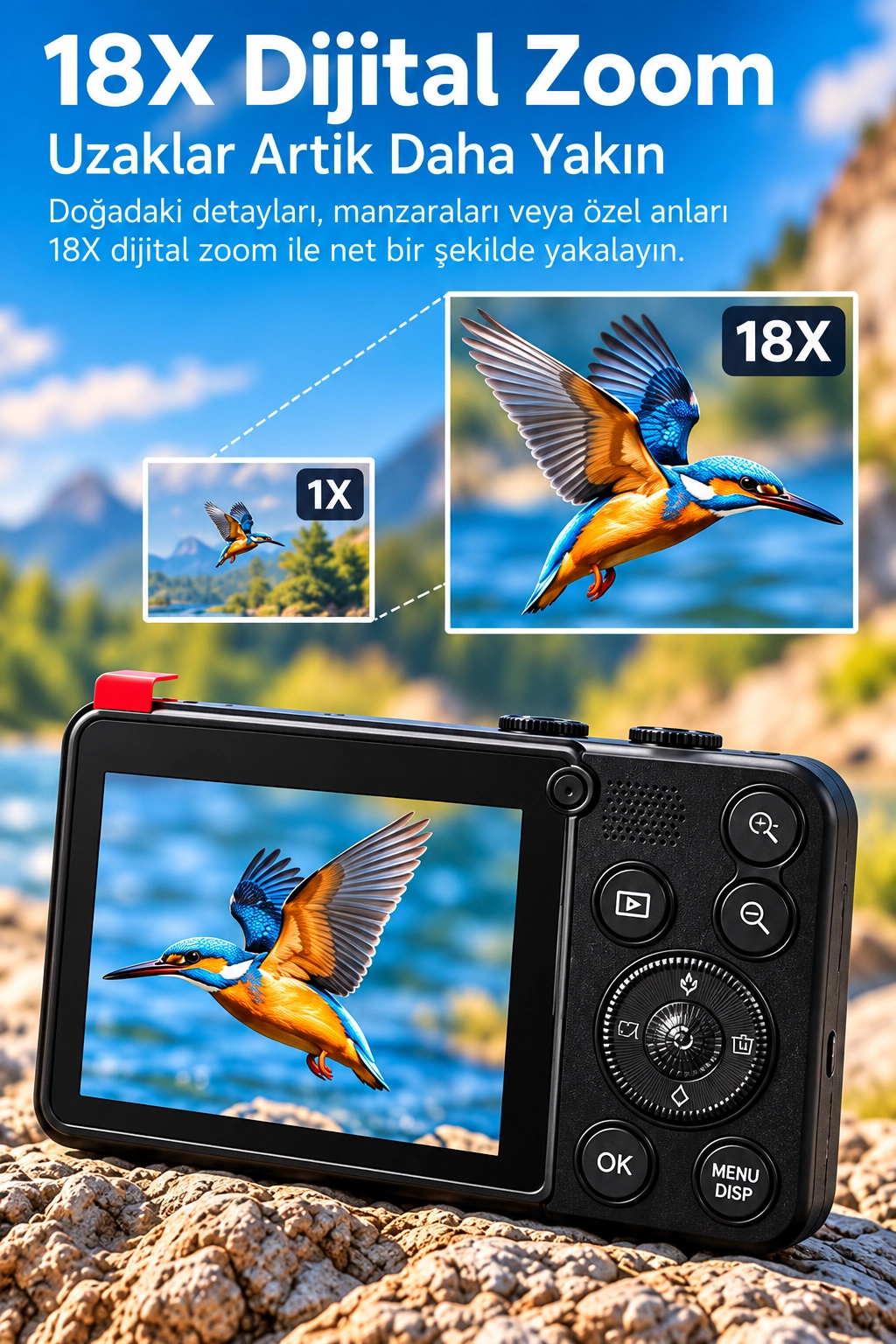 4K Dijital Fotoğraf Makinesi 18X Dijital Zoom 64 MP Ön ve Arka Ekranlı Kompakt Kamera Siyah