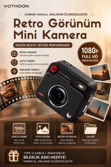 Nostaljik Tasarımı Retro Görünüm Kare Mini Foto Video Kamera 1080P Full HD 32GB Kart Hediyeli