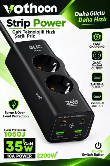 Akım Korumalı Priz 2 AC Soket 2 USB-A 2 USB-C 35W Hızlı Şarj 1050J Koruma 2 Mt Kablo 2200W