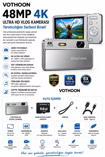 Dijital Kamera 4K HD 48MP 8X Zoom Flaşlı Kayar Retro Video Kamera 2.4’’ Ekran 64GB SD Kart Hediyeli