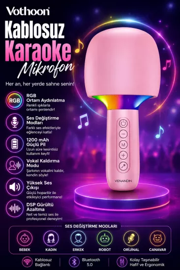 Çocuk ve Yetişkin Karaoke Mikrofonu Kablosuz RGB Ambiyans Işığı Ses Değiştirme Modlu Hoparlör