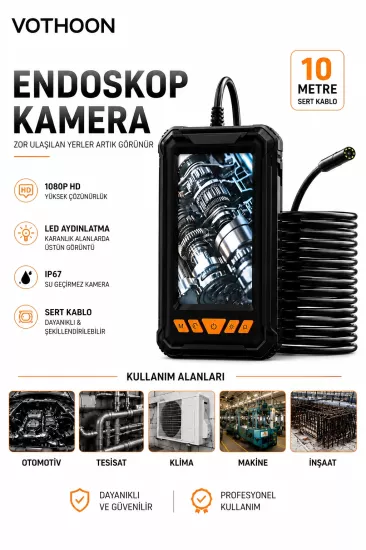 10 Metre Tek Kameralı Endoskop Kamera 1080P HD LED Aydınlatmalı Sert Kablolu Yeni
