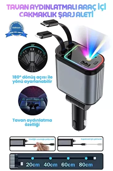 Led Işık Tavan Aydınlatmalı 66W 4’1 Çift Kablolu Hızlı Şarj 3.4A Araç İçi Çakmaklık Şarj Aleti