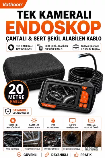 Ekranlı Tek kameralı 20 Mt Sert Kablo Yılan Endoskop Kamera 8 mm 4.3 ınc