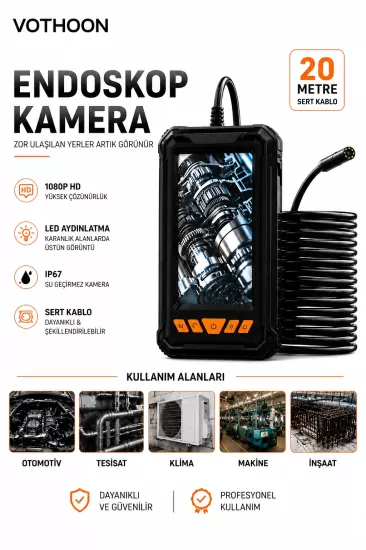 20 Metre Tek Kameralı Endoskop Kamera 1080P HD LED Aydınlatmalı Sert Kablolu Yeni