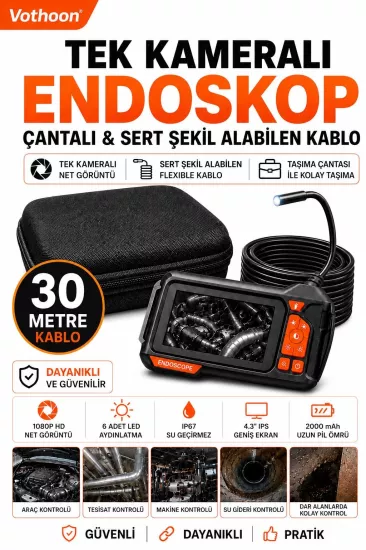 Ekranlı Tek kameralı 30 Mt Sert Kablo Yılan Endoskop Kamera 8 mm 4.3 ınc