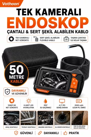 Ekranlı Tek kameralı 50 Mt Sert Kablo Yılan Endoskop Kamera 8 mm 4.3 ınc