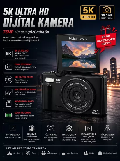 5K 75MP HD Dijital Kamera 18X Dijital Zoom, Flaşlı,3.0 inç Ekranlı Fotoğraf Makinesi