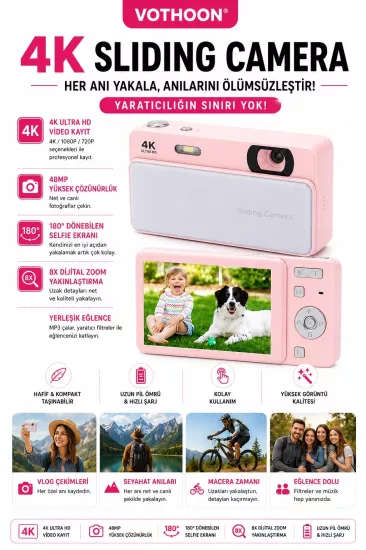 nDijital Kamera 4K HD 48MP 8X Zoom Flaşlı Kayar Retro Video Kamera 2.4’’ Ekran 64GB SD Kart Hediyeli