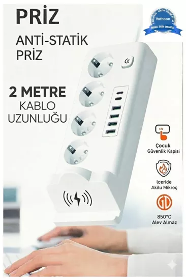 Akım Korumalı Kablosuz Şarjlı Masaüstü Priz 4 Priz 4 USB 2 Type-C 