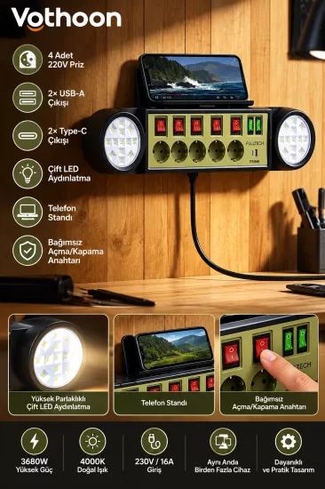 Akıllı Masaüstü Duvar Tipi Akım Korumalı 5’li Priz 3680W LED Işıklı USB-A Type-C Telefon Standlı