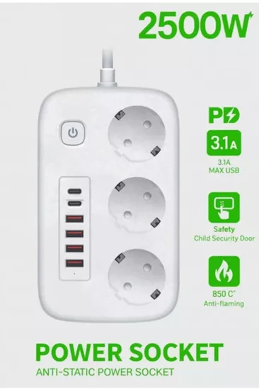 Akım Korumalı Priz ve Masaüstü Şarj İstasyonu Kablosuz 3 Priz ,4 USB, 2 Type-C Girişli 2 Metre