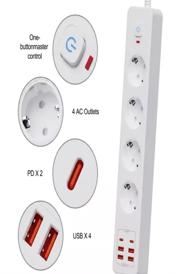 Termal Akım Korumalı 4’lü Priz 4x USB 2x Type-C Çıkışlı Grup Priz Çoğaltıcı (3500W)