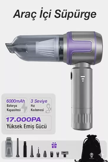 Kablosuz Taşınabilir Araç İçi El Süpürgesi 17000PA Güçlü Vakum 4’ü 1 Arada Çok Amaçlı Temizlik