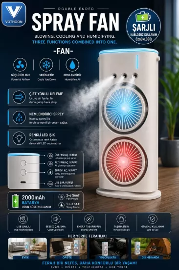 Vothoon Çift Başlıklı Sprey Fan Nemlendirici ve Renkli LED Işıklı beyaz 