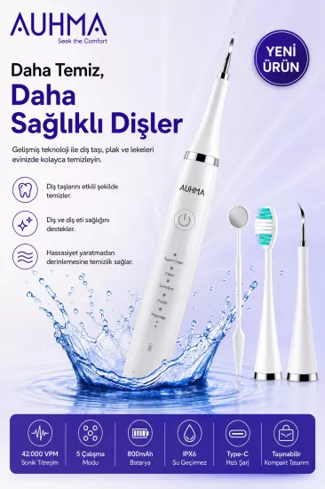 Ultrasonic  Şarjlı Elektrikli Akıllı Diş Temizleme Cihazı Beyazlatıcı 5 Mod 3+1 Başlık, IPX8 Su Geçirmez Beyaz
