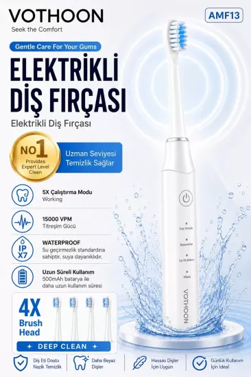 Şarjlı Diş Fırçası 15000 VPM Titreşim Gücü, 500mAh Batarya, 5 Temizlik Modu beyaz