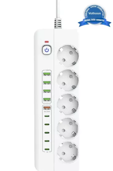 3500W Akım Korumalı 5’li Grup Priz: 5x USB + 5x Type-C Çıkışlı (2 Metre)