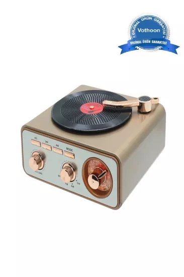 Metalik Nostaljik Tasarım Plak Çalar Görünümlü Radyolu Bluetooth Hoparlör Retro Müzik Plak