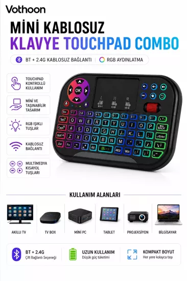 RGB Işıklı Mini Kablosuz Klavye Touchpad Combo, Bluetooth ve 2.4G Smart TV Kumandası
