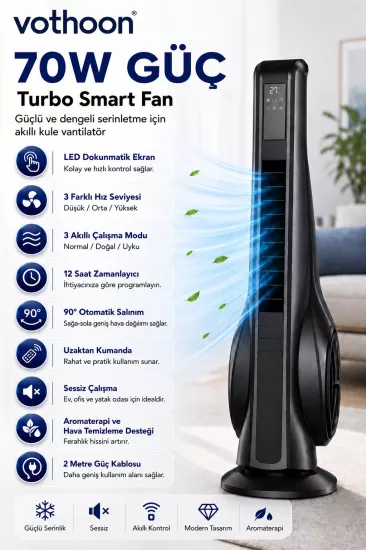 Turbo Smart Akıllı Fan Led Ekranlı Kumandalı 90° Hareketli Serinletici Soğutucu Kule tipi Vantilatör