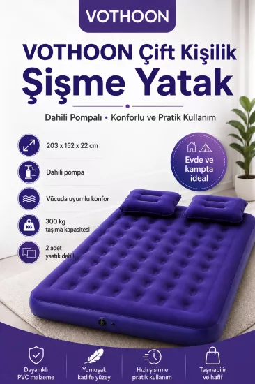 Vothoon Çift Kişilik Şişme Yatak Dahili Pompalı 203x152x22 cm 2 Yastıklı