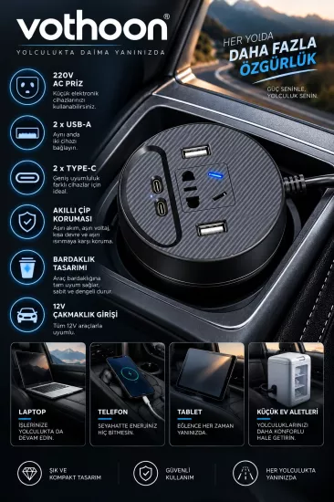 Araç Şarj Aleti Çakmaklık İnvertör & Şarj Cihazı 220V Priz+USB & Type-C Araba Çakmaklık