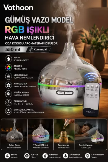 Gümüş Vazo Model RGB Işıklı Hava Nemlendirici & Aromaterapi Difüzör – 550 ml Kumandalı