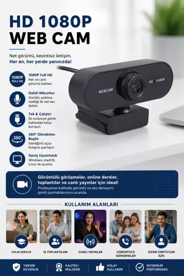 WebCam Orjınal HD 1080p Konferans Kamera Dahili Mikrofon Görüntülü Sohbet Yayın Kamerası HD Video