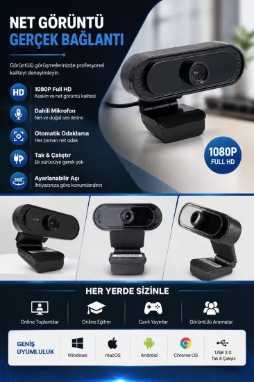WebCam Orjınal 1080p HD Konferans Kamera Dahili Mikrofon Görüntülü Sohbet Yayın Kamerası HD Video AE-112